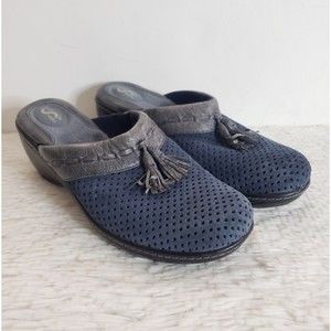 Soft Walk Sz 9 Blue Leather Suede Clogs Tassle Perforated Women's Slip On Shoes